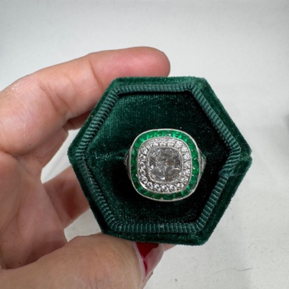 Custom Made Diamond, Platinum and Emerald Cluster Ring
